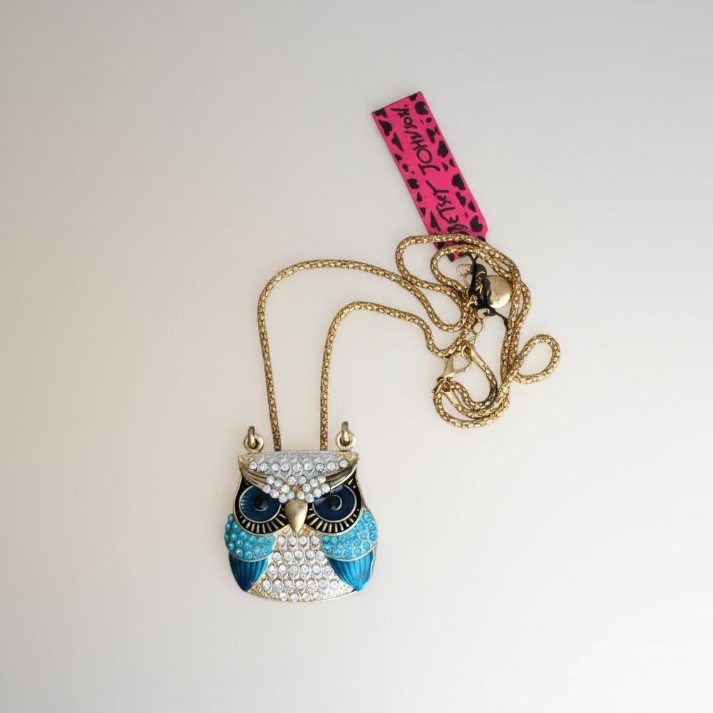 Betsey Johnson Owl Pendant Necklace NWT Blue Crystal Rhinestone Gold Tone